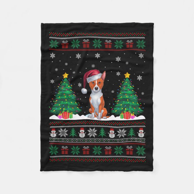 Santa Hat Basenji Dog Christmas Tree Lights Ugly S Fleece Blanket (Front)