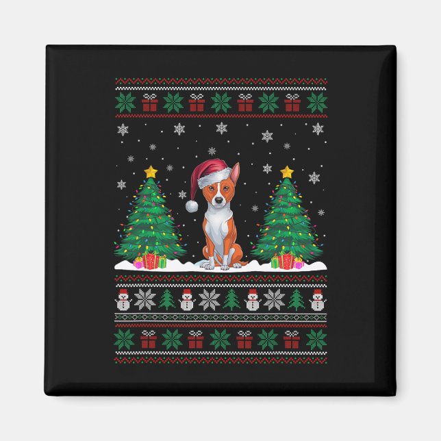 Santa Hat Basenji Dog Christmas Tree Lights Ugly S Magnet (Front)