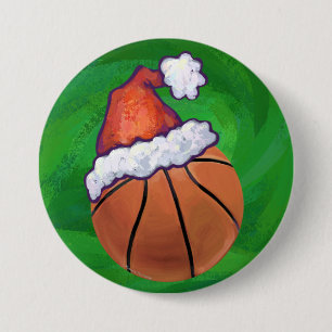 Santa Hat Basketball on Green 7.5 Cm Round Badge