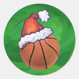 Santa Hat Basketball on Green Classic Round Sticker