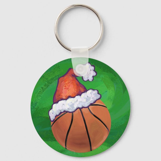 Santa Hat Basketball on Green Key Ring (Front)