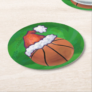 Santa Hat Basketball on Green Round Paper Coaster