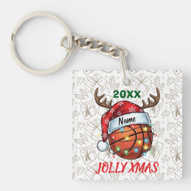  Santa Hat Basketball Reindeer Christmas Fun Sport Key Ring (Front)