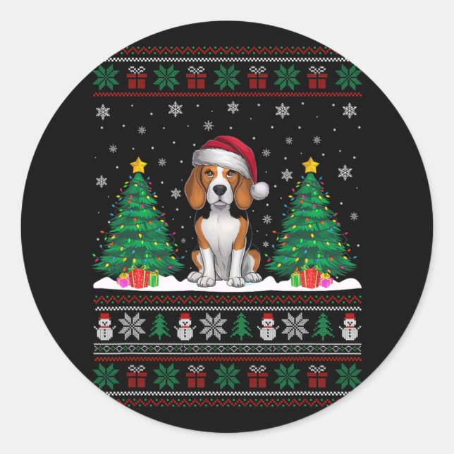 Santa Hat Beagle Dog Christmas Tree Lights Ugly Sw Classic Round Sticker (Front)