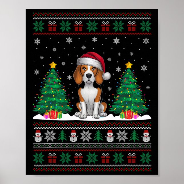 Santa Hat Beagle Dog Christmas Tree Lights Ugly Sw Poster (Front)