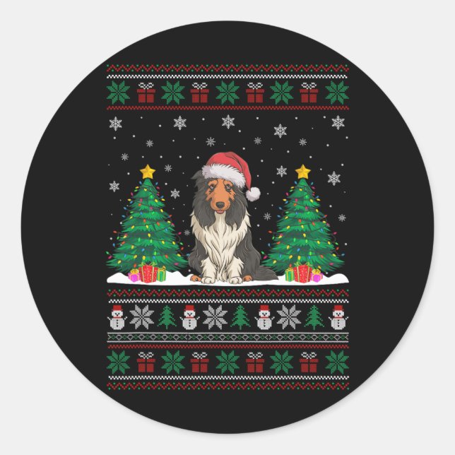 Santa Hat Bearded Collie Dog Xmas Tree Lights Ugly Classic Round Sticker (Front)