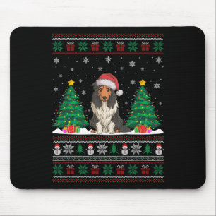 Santa Hat Bearded Collie Dog Xmas Tree Lights Ugly Mouse Pad