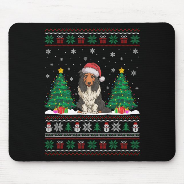 Santa Hat Bearded Collie Dog Xmas Tree Lights Ugly Mouse Pad (Front)