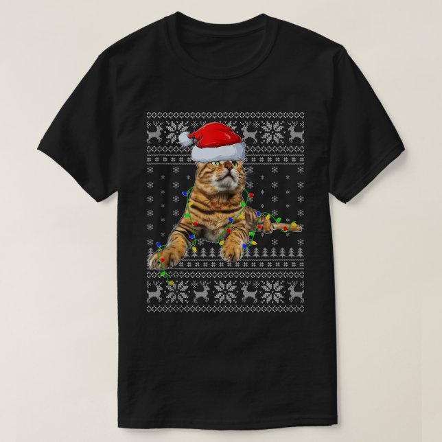Santa Hat Bengal Cat Xmas Lighting Ugly Bengal Cat T-Shirt (Design Front)