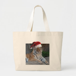 Santa Hat Bengal Tiger Large Tote Bag