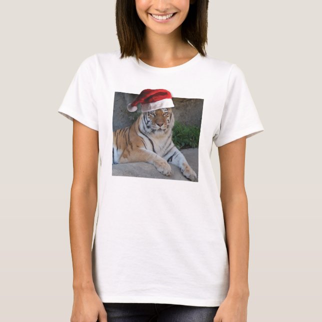 Santa Hat Bengal Tiger T-Shirt (Front)