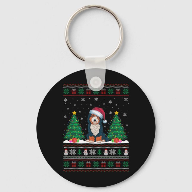Santa Hat Bernedoodle Dog Christmas Tree Lights Ug Key Ring (Front)