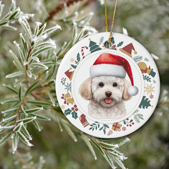 Santa Hat Bichon Frise Dog Christmas Images Wreath Ceramic Tree Decoration (Creator Uploaded)