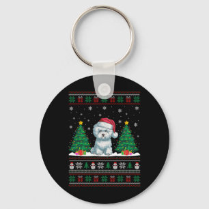 Santa Hat Bichon Frise Dog Xmas Tree Lights Ugly S Key Ring