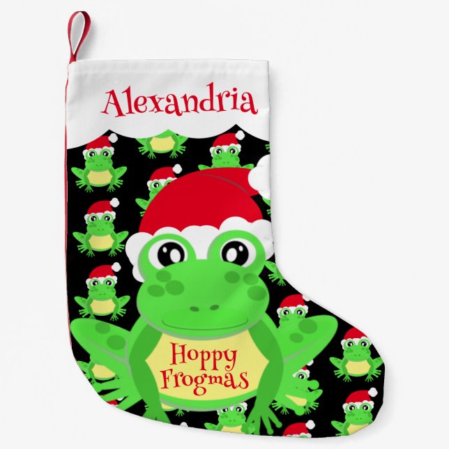 Santa Hat Black Frog Cartoon Pattern Name Novelty Small Christmas Stocking (Front)