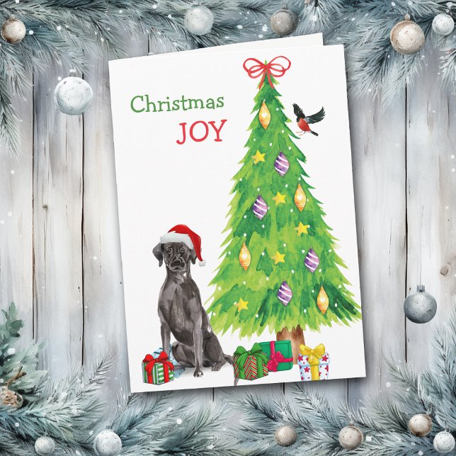 Santa Hat Black Lab Retriever and Holiday Tree Card (Creator Uploaded)