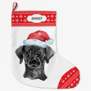 Santa Hat Black Lab Snowflake Border Large Christmas Stocking