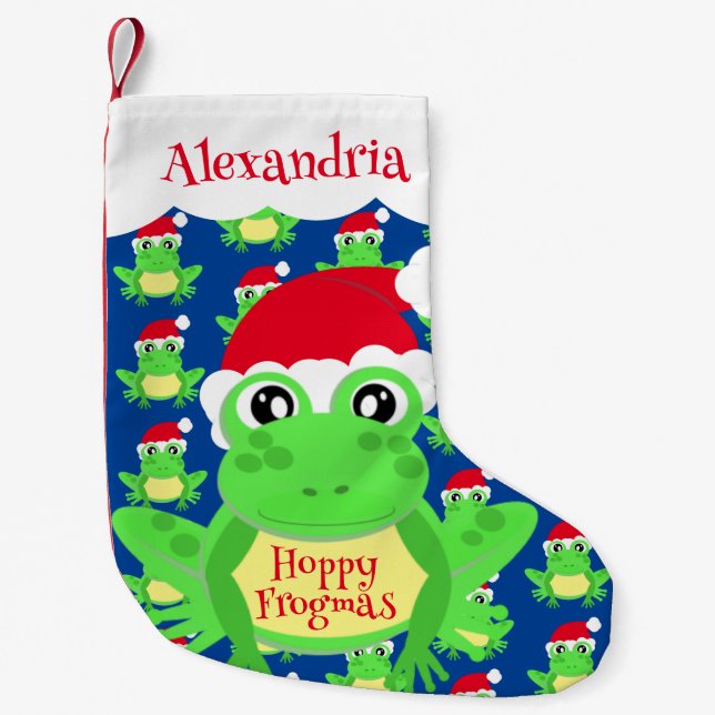 Santa Hat Blue Frog Cartoon Pattern Name Novelty Small Christmas Stocking (Front)