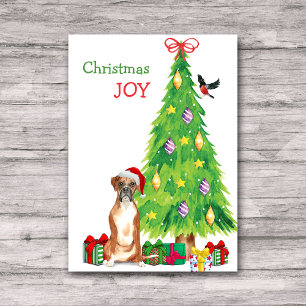 Santa Hat Boxer Dog and Christmas Tree Holiday Card