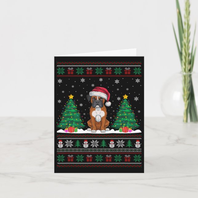 Santa Hat Boxer Dog Christmas Tree Lights Ugly Swe Card (Front)