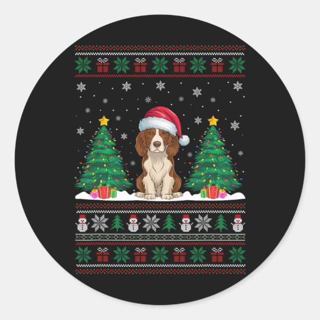 Santa Hat Brittany Spaniel Dog Xmas Tree Lights Ug Classic Round Sticker (Front)