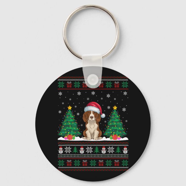 Santa Hat Brittany Spaniel Dog Xmas Tree Lights Ug Key Ring (Front)