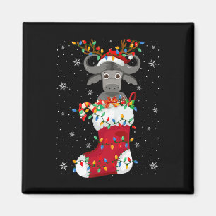 Santa Hat Buffalo Animal In Socks Xmas Tree Lights Magnet