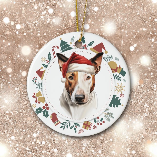 Santa Hat Bull Terrier Dog Holiday Images Wreath Ceramic Tree Decoration (Creator Uploaded)