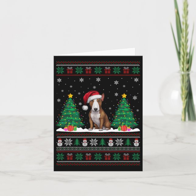Santa Hat Bull Terrier Dog Xmas Tree Lights Ugly S Card (Front)