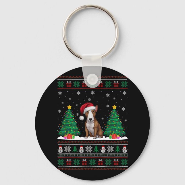Santa Hat Bull Terrier Dog Xmas Tree Lights Ugly S Key Ring (Front)