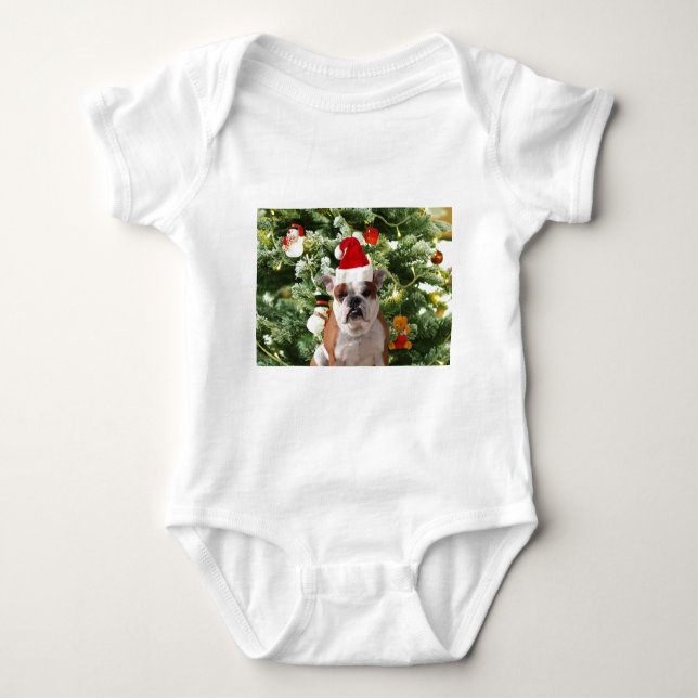 Santa Hat Bulldog Christmas Tree Snowman Gift Box Baby Bodysuit (Front)