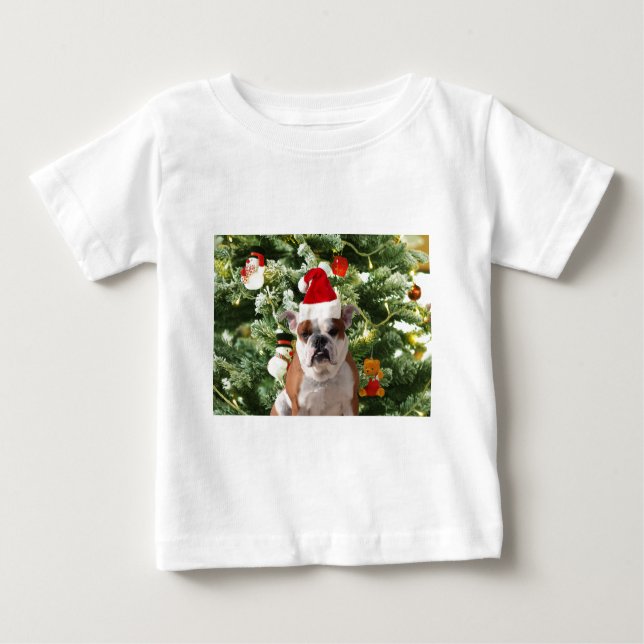 Santa Hat Bulldog Christmas Tree Snowman Gift Box Baby T-Shirt (Front)