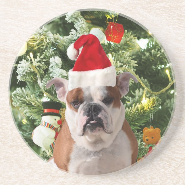 Santa Hat Bulldog Christmas Tree Snowman Gift Box Coaster (Front)