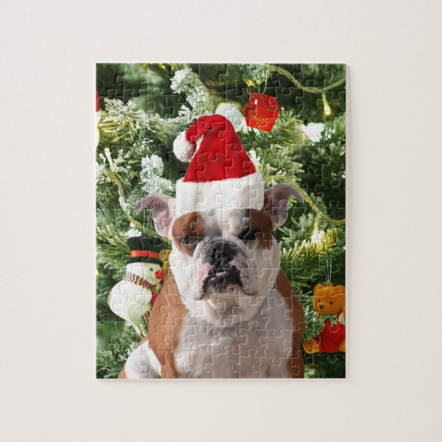 Santa Hat Bulldog Christmas Tree Snowman Gift Box Jigsaw Puzzle (Vertical)