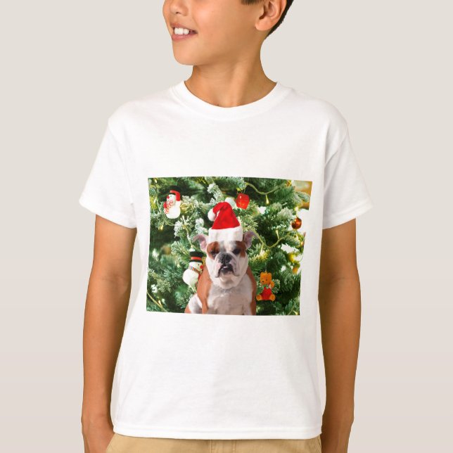 Santa Hat Bulldog Christmas Tree Snowman Gift Box T-Shirt (Front)