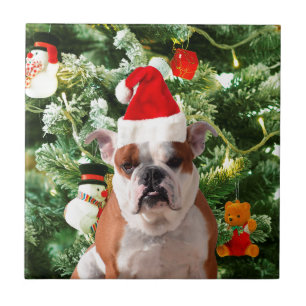 Santa Hat Bulldog Christmas Tree Snowman Gift Box Tile