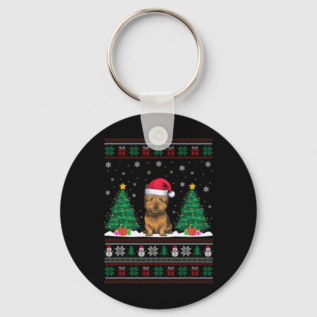 Santa Hat Cairn Terrier Dog Xmas Tree Lights Ugly  Key Ring (Front)