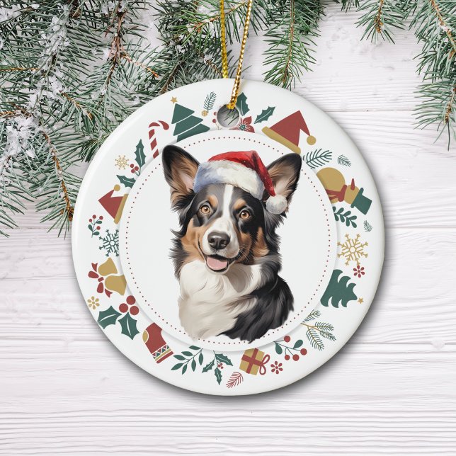 Santa Hat Cardigan Welsh Corgi Christmas Wreath Ceramic Tree Decoration (Creator Uploaded)