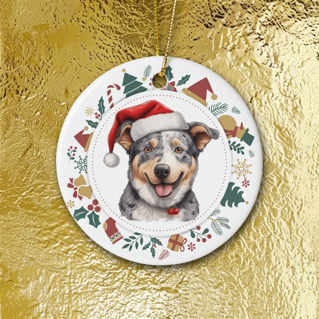 Santa Hat Cattle Dog Christmas Images Wreath Ceramic Tree Decoration (Creator Uploaded)