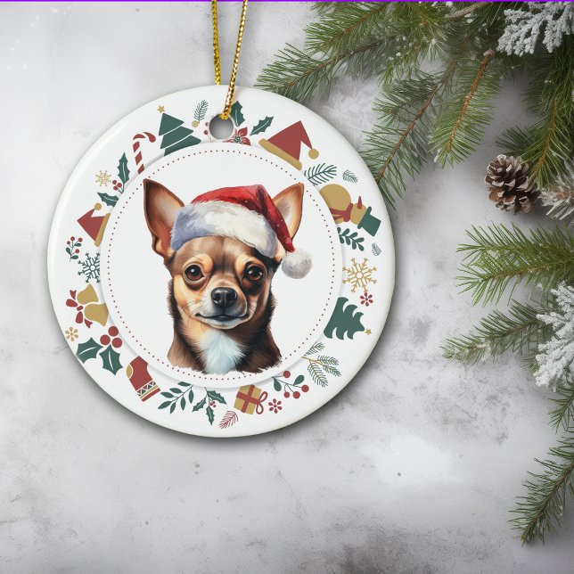 Santa Hat Chihuahua Dog Christmas Wreath Ceramic Tree Decoration (Creator Uploaded)