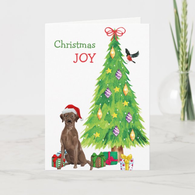 Santa Hat Chocolate Lab Puppy and Christmas Tree Holiday Card (Front)