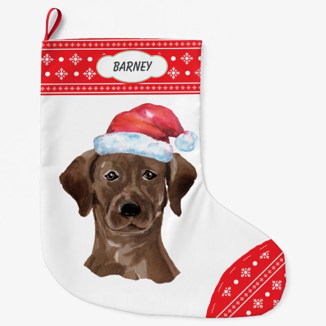 Santa Hat Chocolate Lab Snowflake Border Large Christmas Stocking (Front)