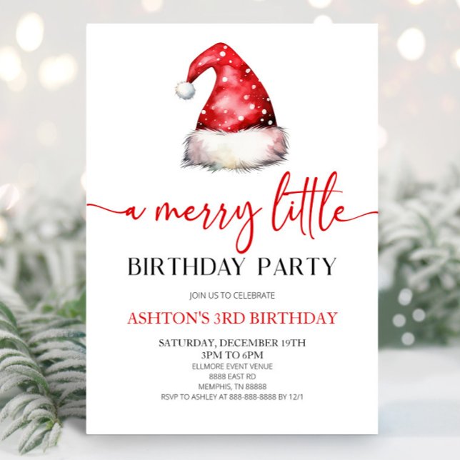 Santa Hat Christmas A Merry Little Birthday Party Invitation (Creator Uploaded)