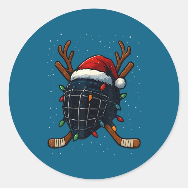 Santa Hat Christmas Ice Hockey Helmet Player Reind Classic Round Sticker (Front)