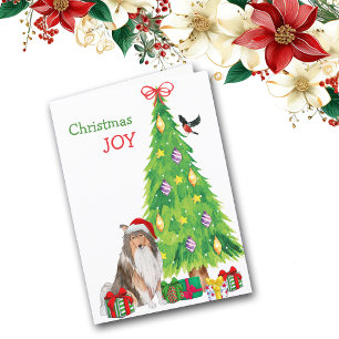 Santa Hat Collie Dog and Christmas Tree Holiday Card