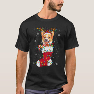Santa Hat Corgi Puppy Dog In Socks Xmas Tree Light T-Shirt