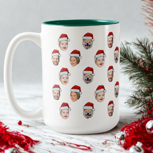 Santa Hat Custom Family Face 4 Photos Christmas Two-Tone Coffee Mug