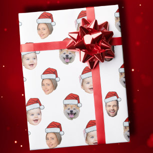 Santa Hat Custom Family Face 4 Photos Christmas Wrapping Paper