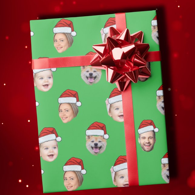 Santa Hat Custom Family Face 4 Photos Christmas Wrapping Paper (Creator Uploaded)
