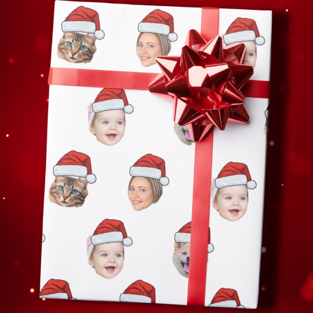 Santa Hat Custom Family Face 5 Photos Christmas Wrapping Paper (Creator Uploaded)